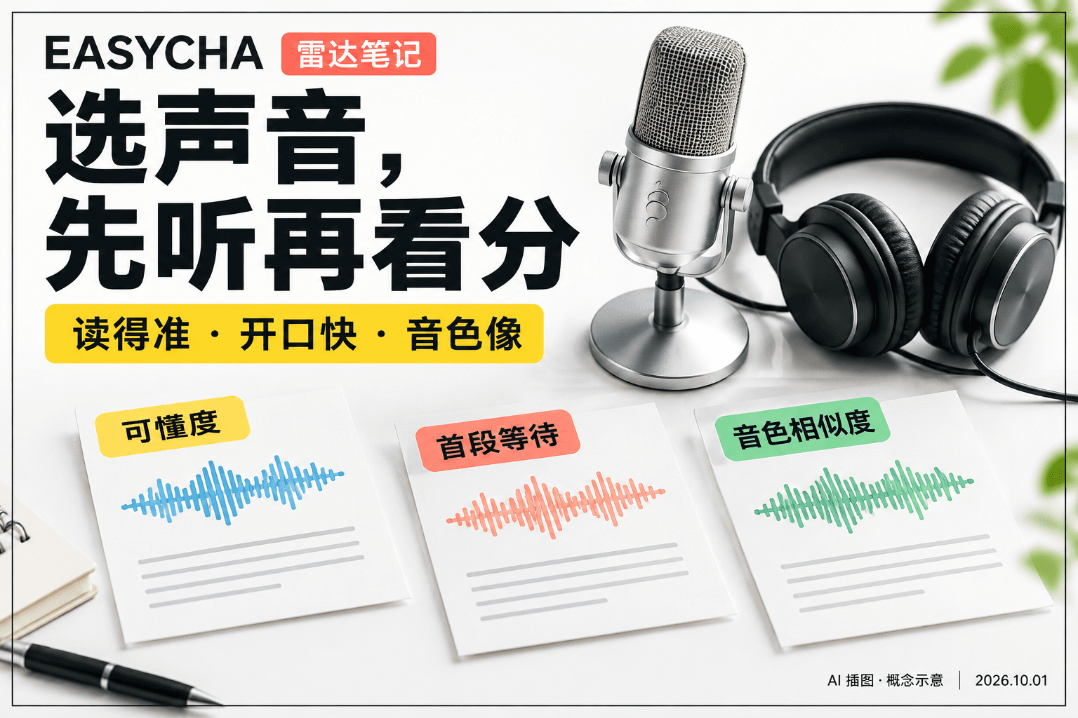 EASYCHA 原创技术拼贴封面：耳机、麦克风与文字和音频卡片，标题为选声音，先听再看分。
