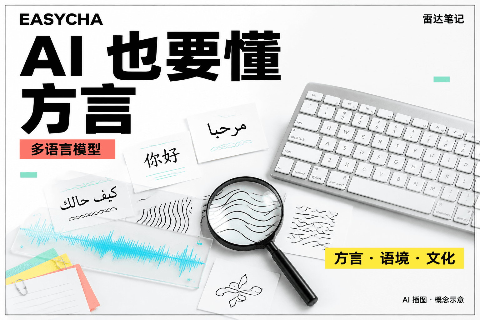 EASYCHA 原创技术拼贴：键盘、语音波形和多语言对话卡片，醒目标题为 AI 也要懂方言。