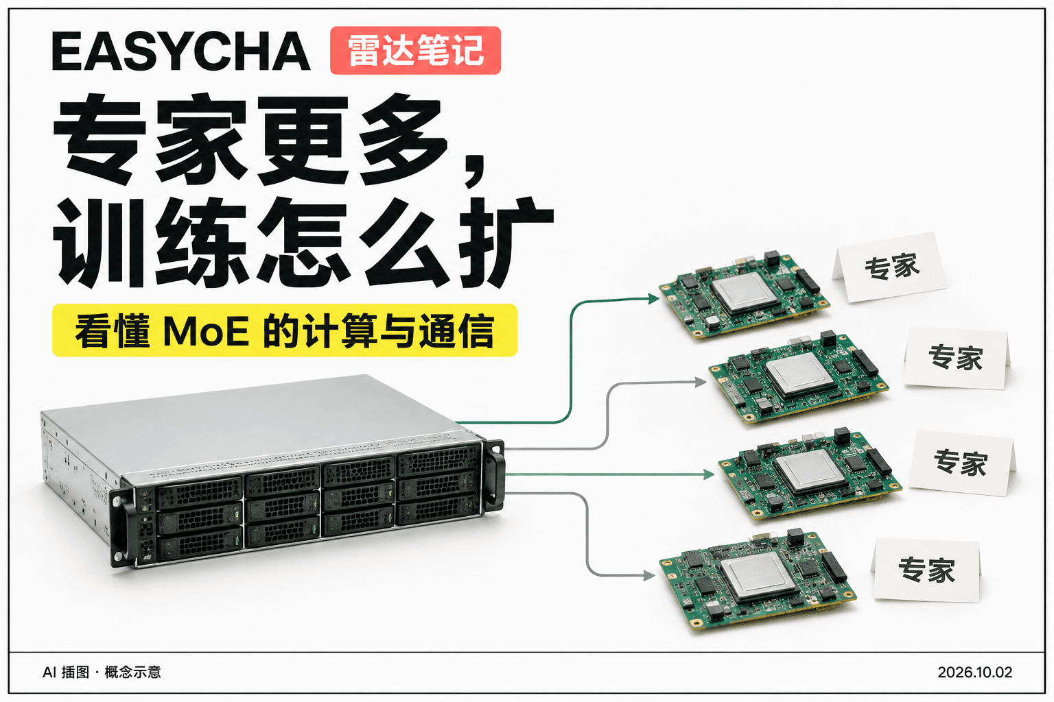 EASYCHA 原创技术拼贴：服务器与多块芯片连接分布式专家卡片，标题为专家更多，训练怎么扩。