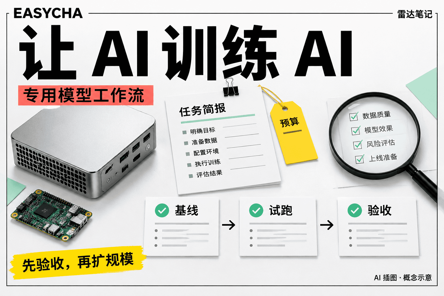 EASYCHA 原创技术拼贴：训练任务书、计算设备和验收清单，醒目标题为让 AI 训练 AI。