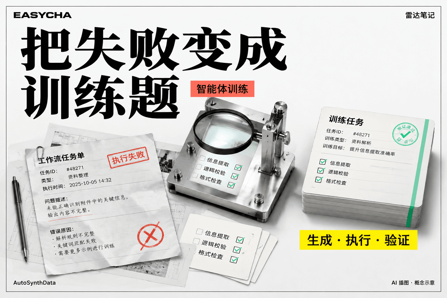EASYCHA 原创技术拼贴：失败工单经过验证台转成训练任务卡，醒目标题为把失败变成训练题。