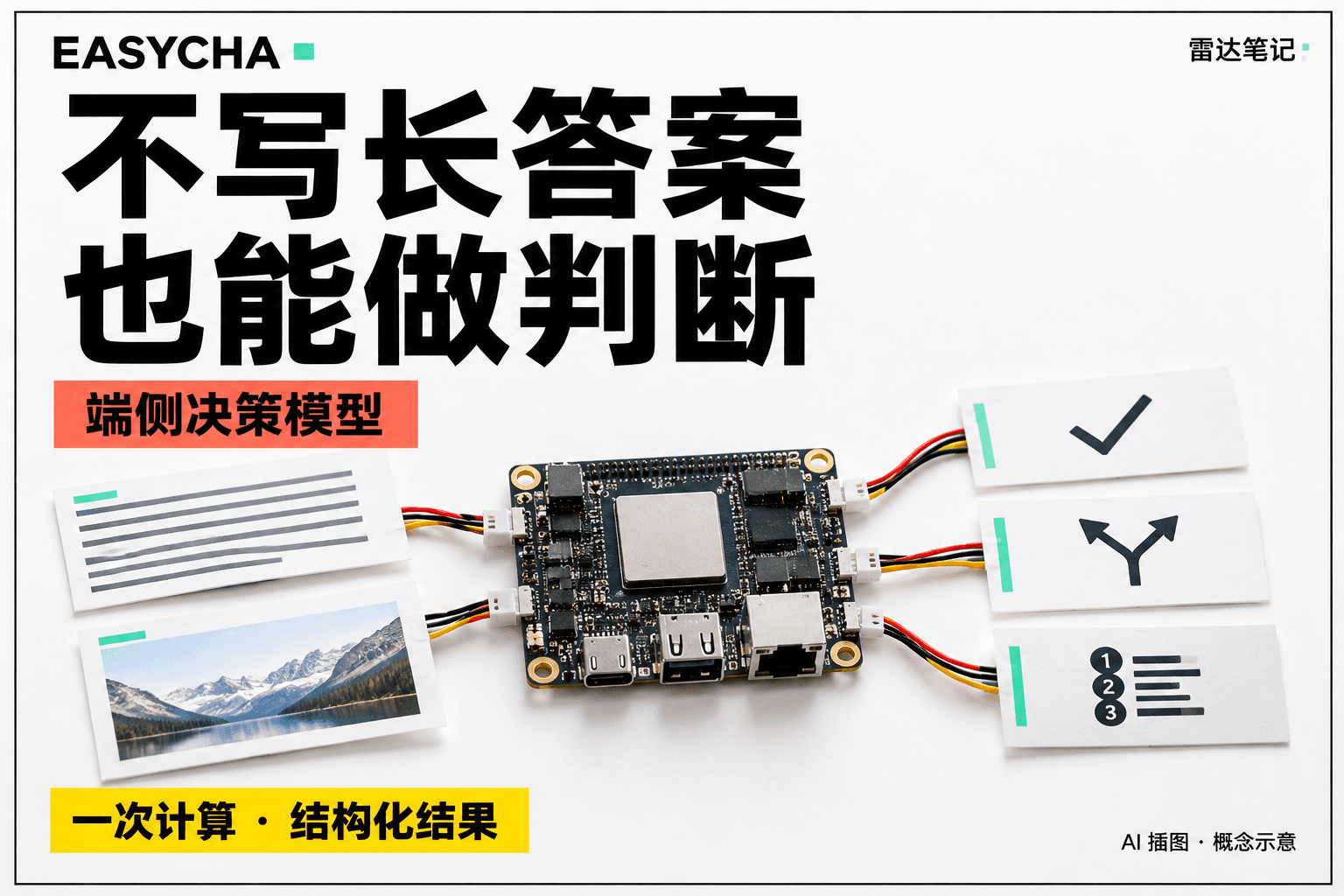 EASYCHA 原创技术拼贴：端侧电路板、输入卡片与判断结果卡相连，标题为不写长答案，也能做判断。