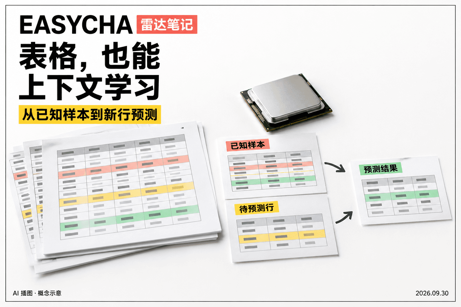EASYCHA 原创编辑封面:纸质表格、处理器和待预测行卡片组成技术拼贴,标题为表格,也能上下文学习。
