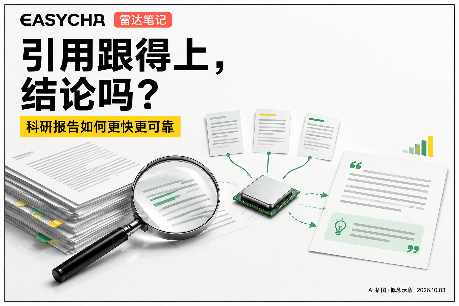 EASYCHA 原创技术拼贴:论文、放大镜和模型芯片连接到带引文的报告卡片,标题为引用跟得上结论吗。