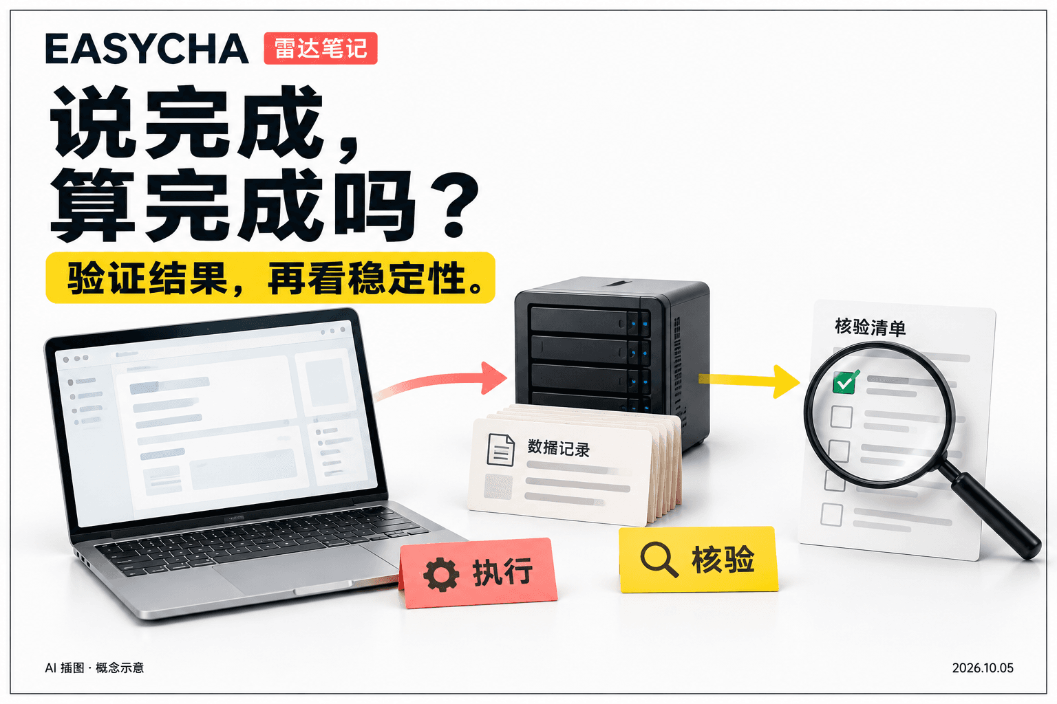 EASYCHA 原创技术拼贴:笔记本电脑、数据库设备与核验清单相连,标题为说完成,算完成吗?