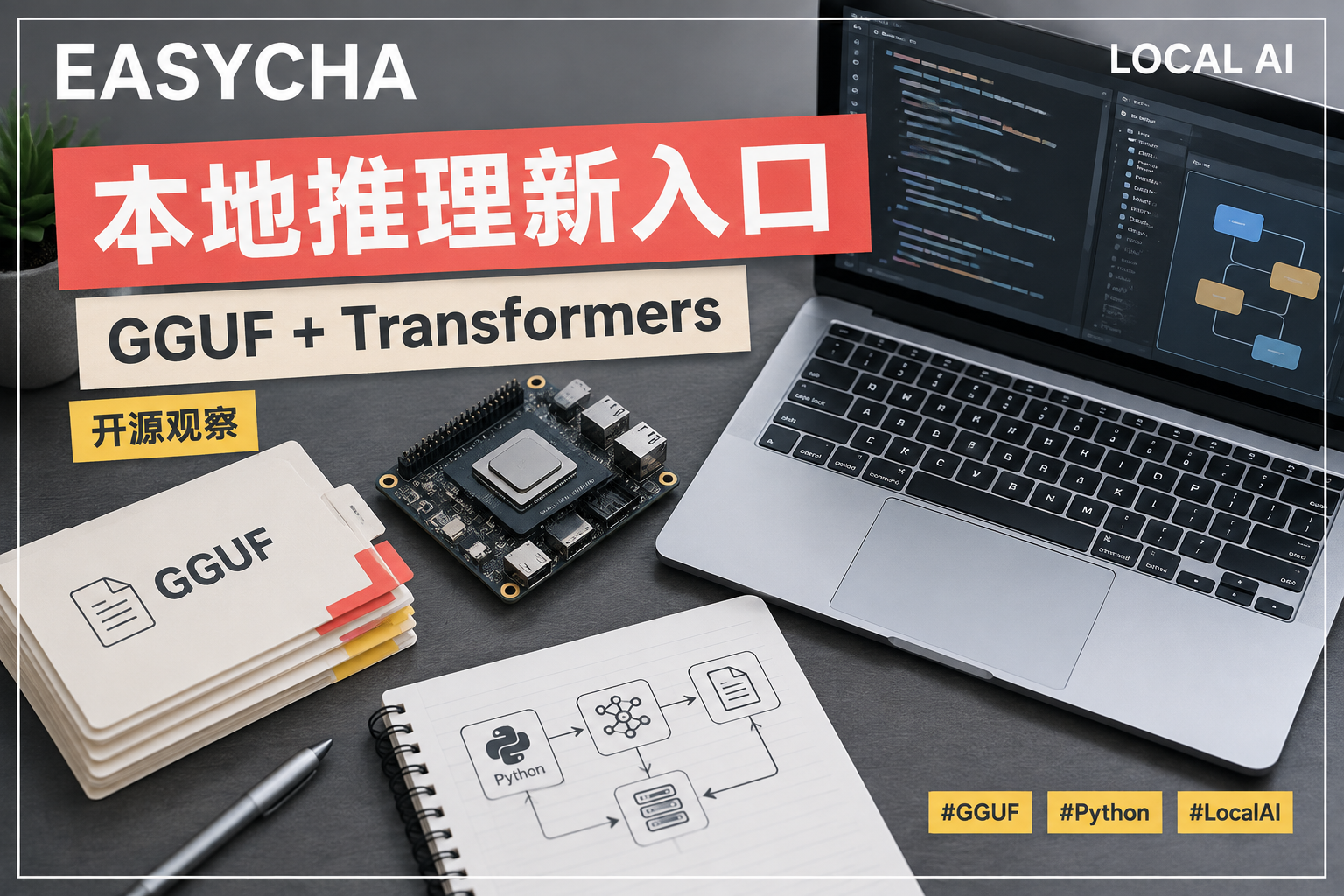 EASYCHA 原创编辑封面：笔记本电脑、芯片和模型文件卡片拼贴，标题为本地推理新入口，GGUF + Transformers
