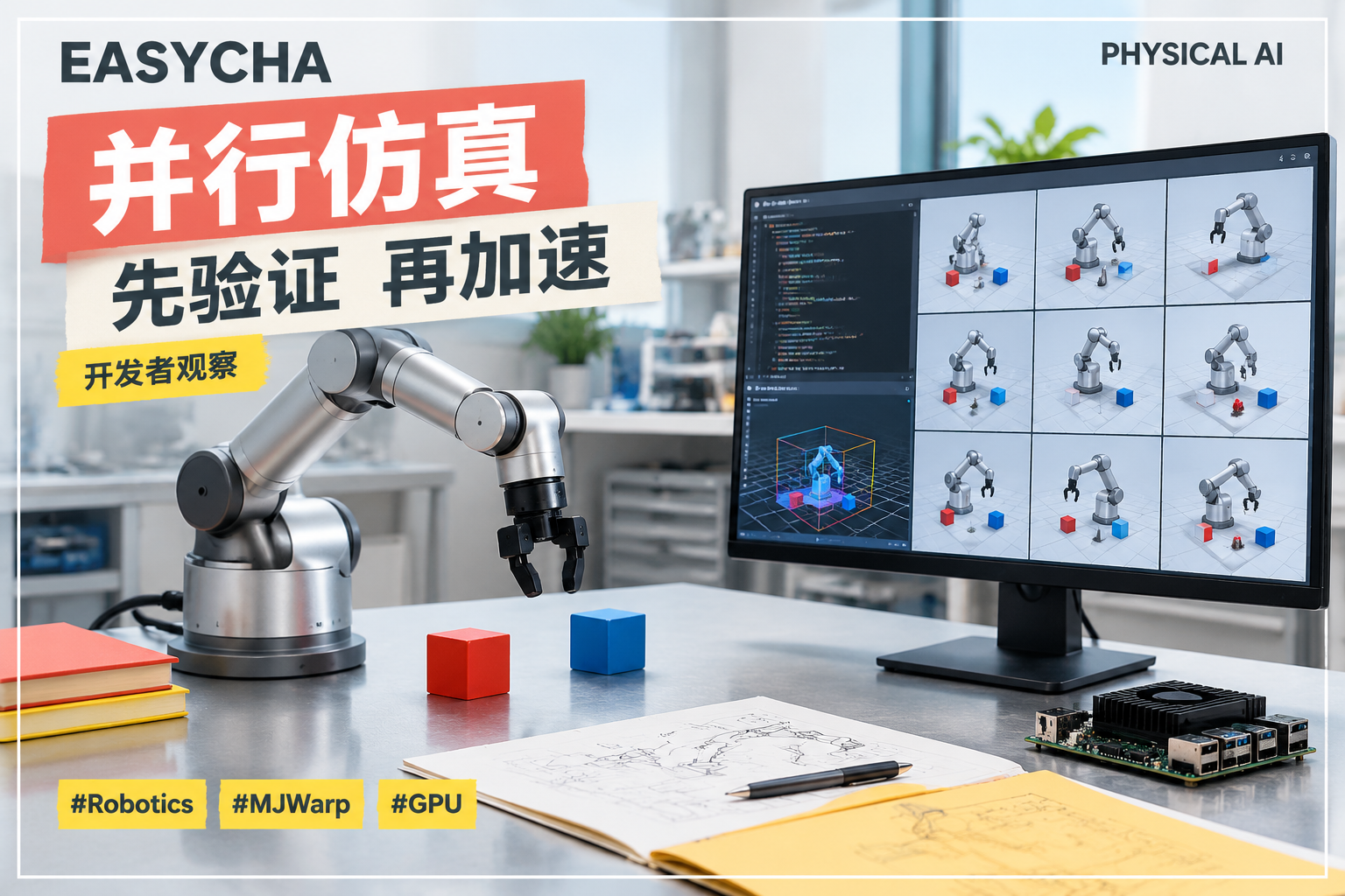 EASYCHA 原创编辑封面:桌面机械臂抓取彩色方块,显示器展示多个仿真场景,标题为并行仿真,先验证再加速