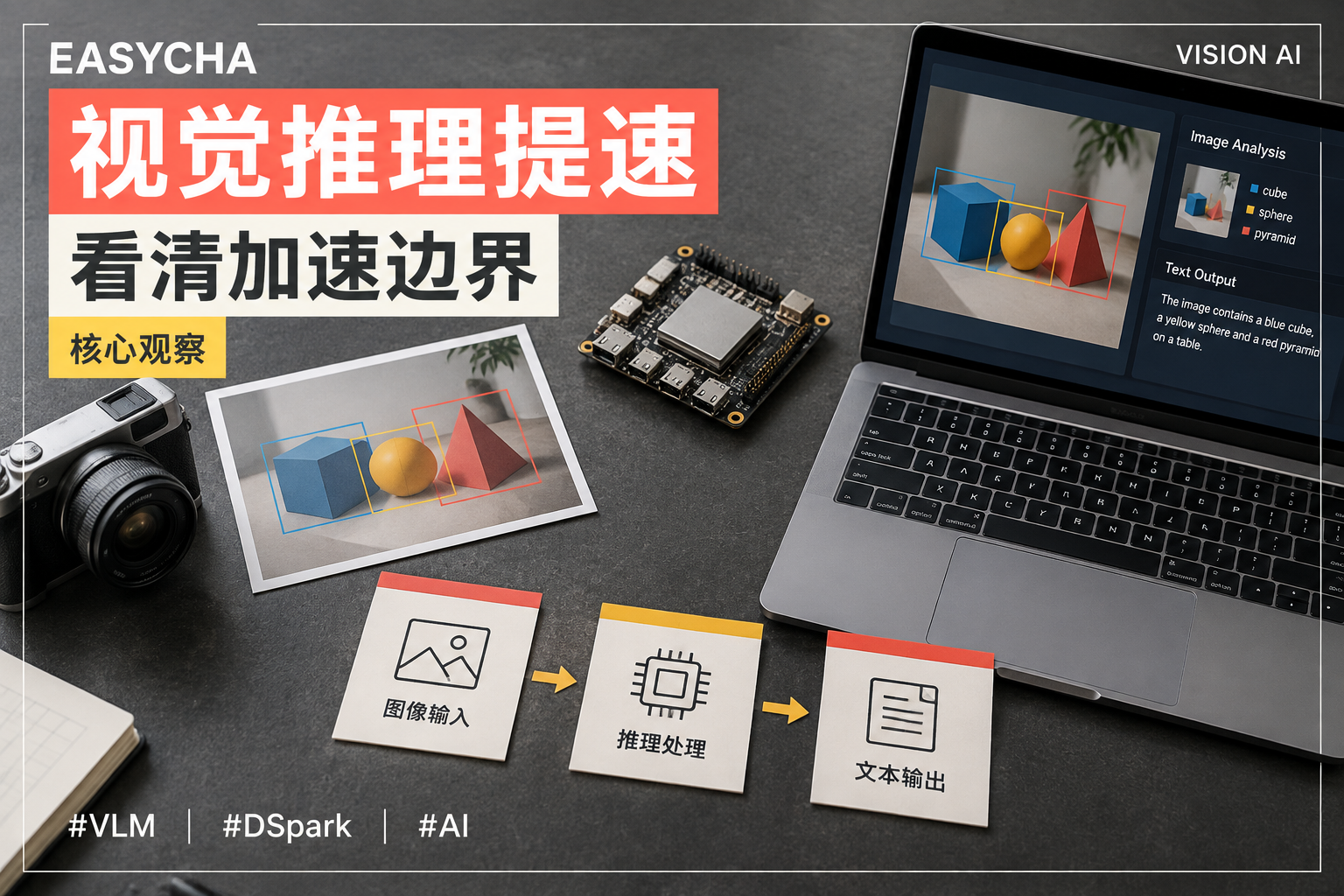 EASYCHA 编辑插图：桌面上的相机、视觉识别照片、芯片与分阶段处理卡片，标题为视觉推理提速，看清加速边界