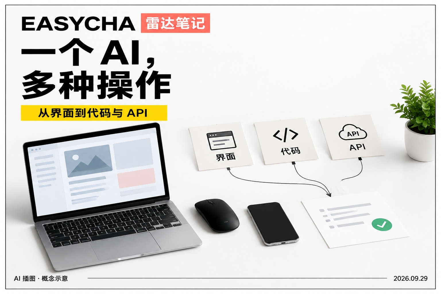 EASYCHA 原创技术拼贴封面：笔记本电脑、鼠标和手机连接界面、代码、API 三张纸质卡片，标题为一个 AI，多种操作。