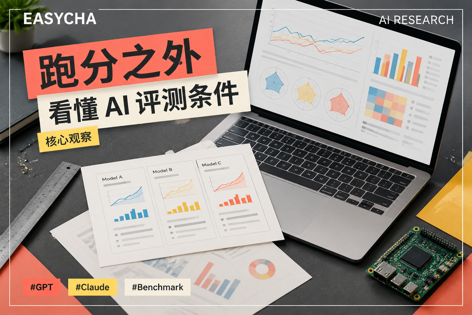 EASYCHA 原创编辑封面：电脑、评测卡片与图表拼贴，标题为跑分之外，看懂 AI 评测条件
