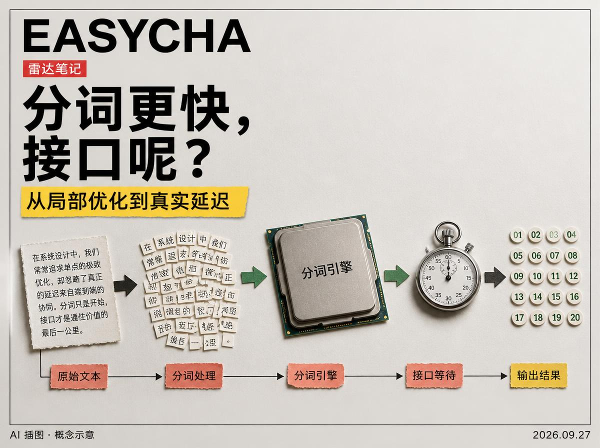 EASYCHA 原创技术拼贴：文字卡片经过分词模块转为数字块，旁边呈现处理器与计时器，标题为分词更快，接口呢？